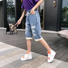 Повседневные джинсовые короткие джинсы летнего размера плюс, свободные тонкие шорты с эластичной резинкой на талии, весенние брюки с высокой талией, Короткие штаны A060