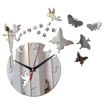 

new 3D mirror effect wall clock fairy butterfly home decoration clock for living room kids bedroom modern design silent watch