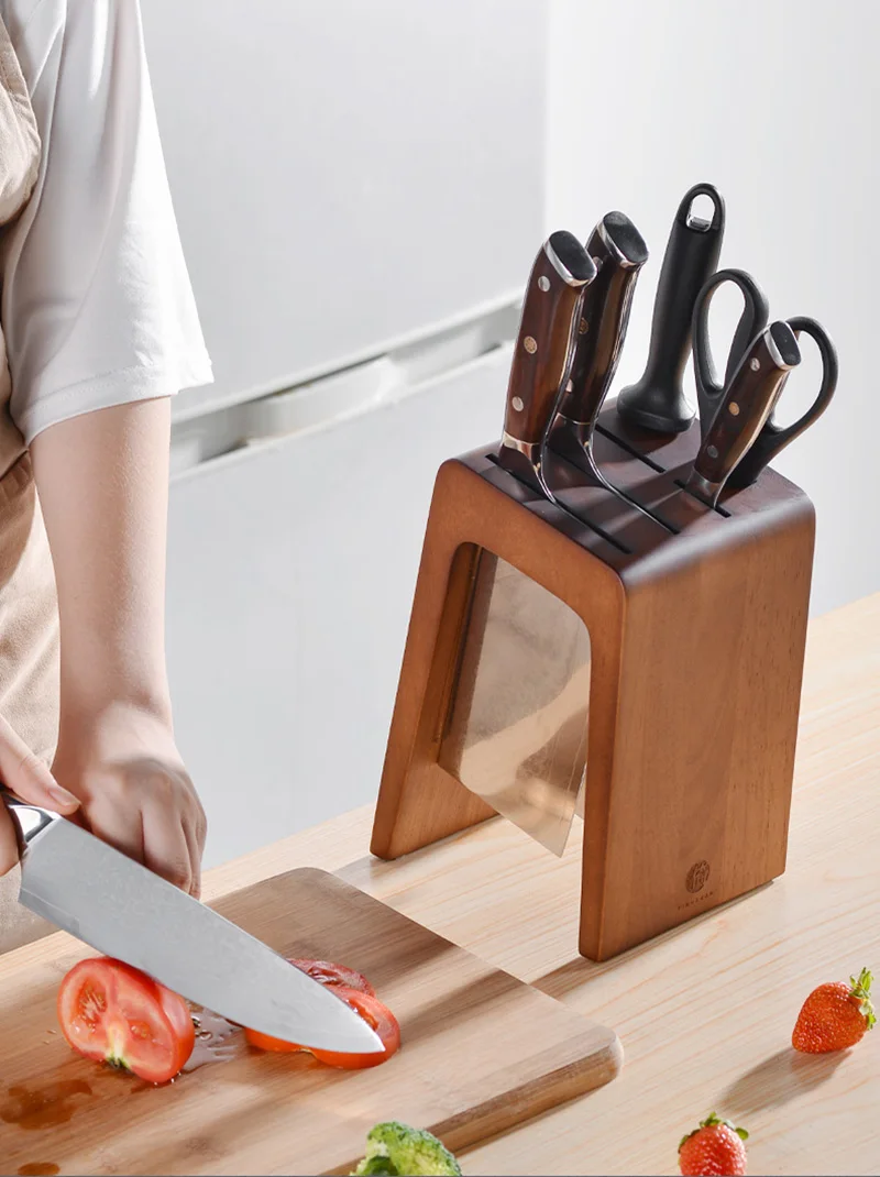 Rubber Wood n Shape Knife Rack 6 Holes Santoku Slicing Chef Knife Holder Kitchen Knife Block Knives Storage Stand Accessories