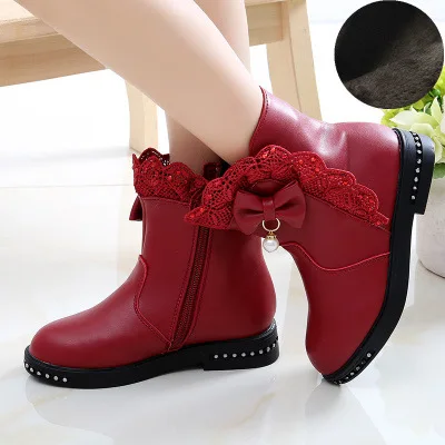 Wine red Кружевные Детские ботильоны с бантом для больших девочек, зимние модные детские зимние ботинки нескользящая обувь принцессы для детей 4, 5, 6, 7, 8, 9, 10, 11, 12 лет - Цвет: Wine red