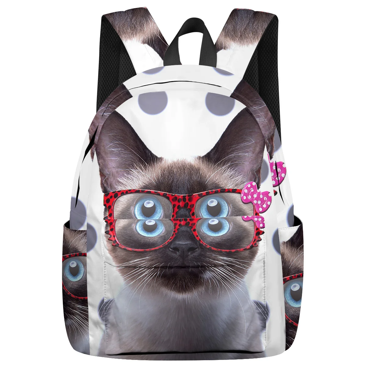 

WHEREISART Glasses Kitten Cat Black Dot Backpacks Junior High School Student Night Light Reflective Multipurpose Daypacks