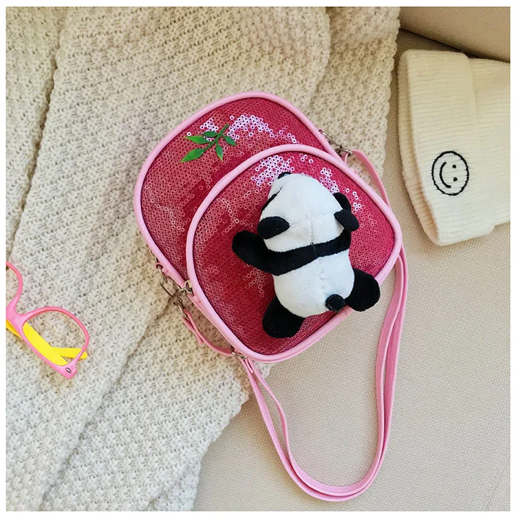 Mini PU leather Crossbody Bag for Little Girls Sequin Gillter School Handbags Teenagers Cute Panda Plush Backpack Pink Black Red (10)