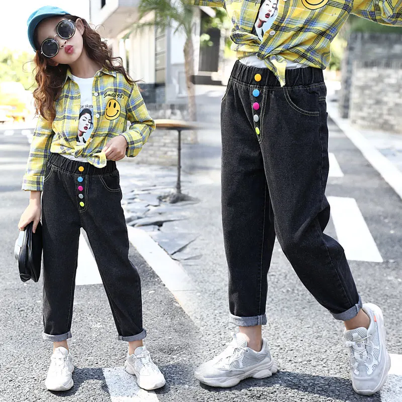 

Loose Girls Jeans Spring Autumn New Fashion Colorful Button Denim Harem Pants Casual Kids Trousers Children Outfits Vestidos