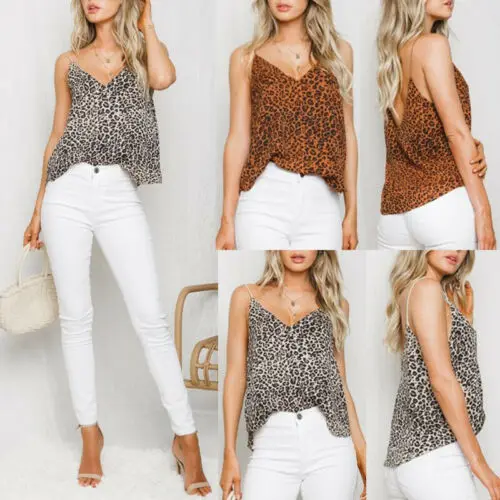 Fashion Women Summer Sexy V Neck Leopard Print Strappy Camisole Tee Vest Summer Lady Cami Crop Tank