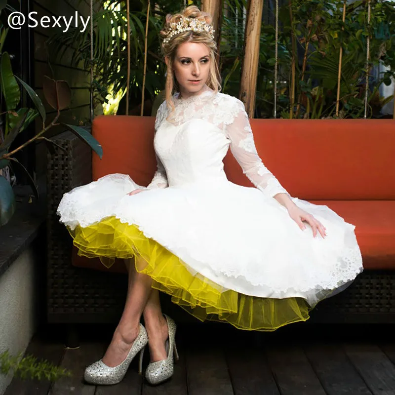 

Retro 1950s Tea Length Boho Wedding Dress 2021 Long Sleeve Country A Line Short Wedding Dresses With Yellow Tulle Bridal Gowns
