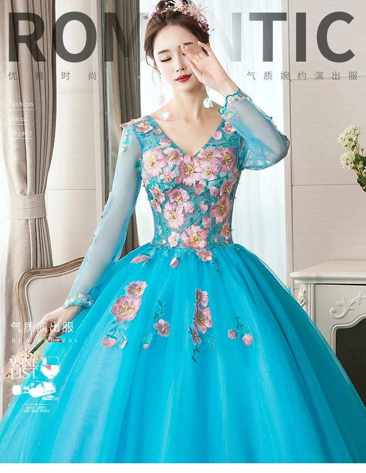 Trajes De Quinceaneras Новое Розовое Пышное Платье с v-образным вырезом и длинным рукавом, кружевное платье с цветочным рисунком размера плюс, кружевное платье на заказ для выпускного вечера