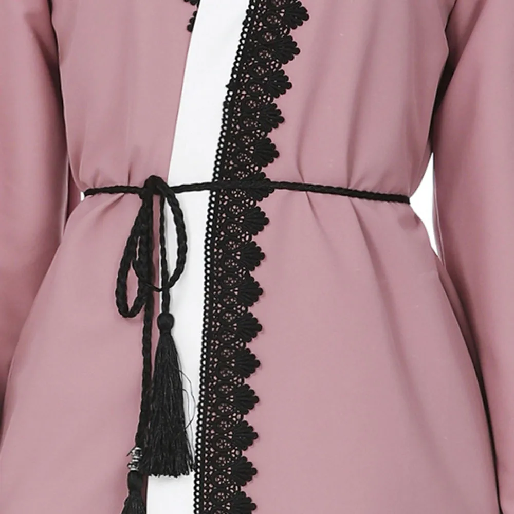 Женское кимоно с кружевами спереди мусульманское платье кафтан свободное Макси
