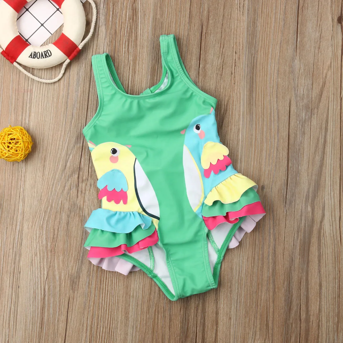Новинка года; брендовый купальный костюм для маленьких девочек с объемным рисунком птиц; цельный купальник-бикини; купальник с разноцветными оборками; пляжный купальный костюм
