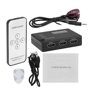 

5 in 1 Out HDMI Switch 1080P Video 5 Ports Adapter HDMI Switcher HDMI Splitter with IR Remote Splitter Box for HDTV DVD PS3