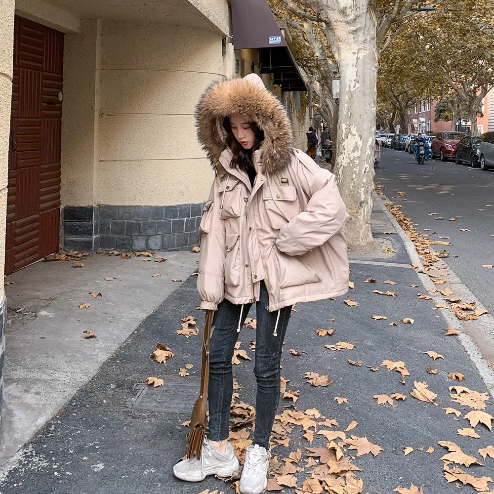 

Photo Shoot Contrast Color Double-Line Short Workwear Cotton Overcoat 2019 Winter New Style Retro CHIC-Style Large Fur Collar Co