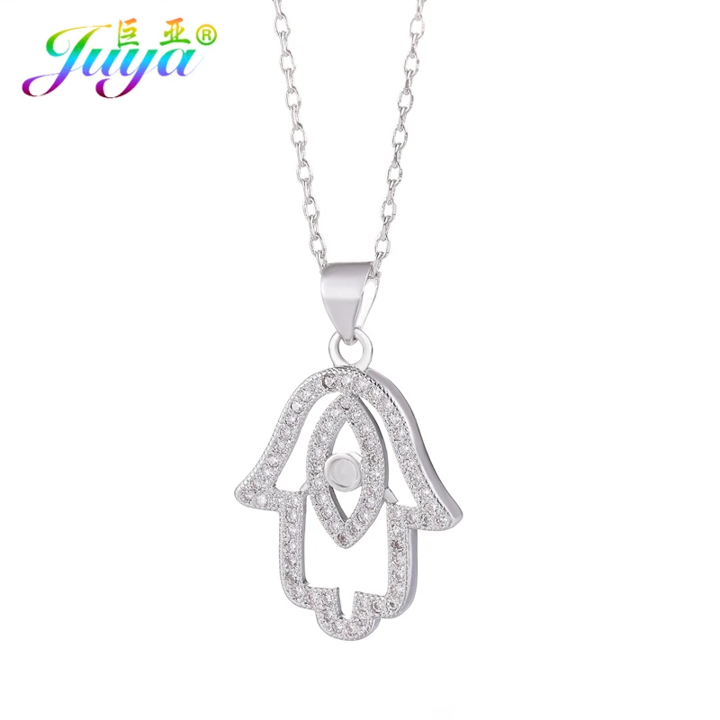 White Gold Necklace Juya, женское модное ожерелье с кулоном, микро ПАВЕ, циркон, Хамса, рука Фатимы, сглаза, золото/серебро/розовое золото, колье, ожерелье - Окраска металла: White Gold Necklace