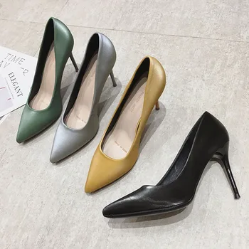 

2020 spring new high heel women's fashion simple solid color satin fine heel pointed toe comfortable heels