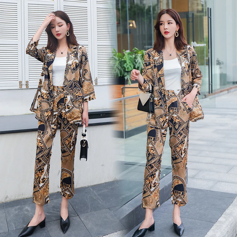 2019 autumn women's plus size Retro printing Blazer tops+pencil pants suits female OL large printed 2 piece sets 4XL | Женская