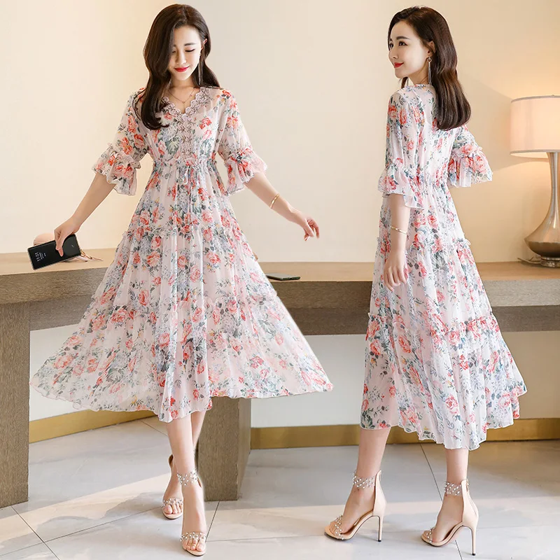 

Vintage Floral Mid-Calf Dress Summer Casual A-Line High Waist Flare Sleeve Spring Elegant Retro Boho Dress Women Vestidos
