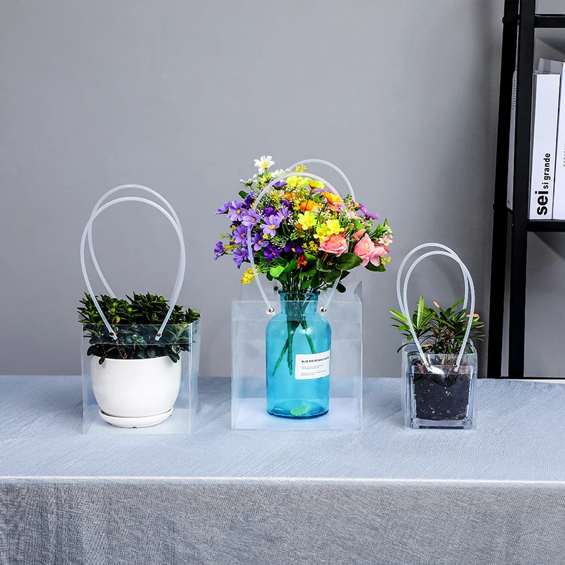 

Transparent Gift Bags With Handles 10pcs Mini Portable Plant Flower Contatiner Bag Clear Plastic Handbag Packaging Shopping Bag