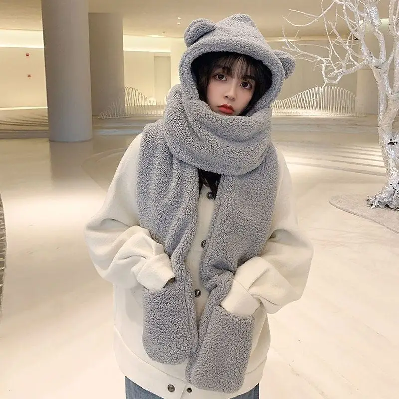 

Balaclava With Ears Hat Scarf Gloves Set Winter Women Novelty Caps Warm Casual Plush Solid Fleece Girl Kawaii Accessories