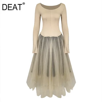 

DEAT 2020 round neck full sleeves slim high waist mesh layer-mutli cotton and linen high waist pullover dresses WL71404L