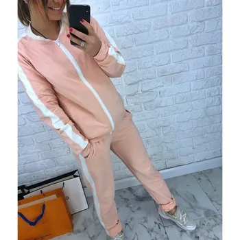 

Long Sleeve Zipper Side Stripe Sweatshirts 2 Piece Set Women Tracksuit Casual Sport Suit Fall Women Set