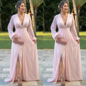 

Long SLeeves Light Pink Chiffon Evening Dresses Deep V Neck Long Prom Dress Side Split A Line Bride Informal Party Gowns