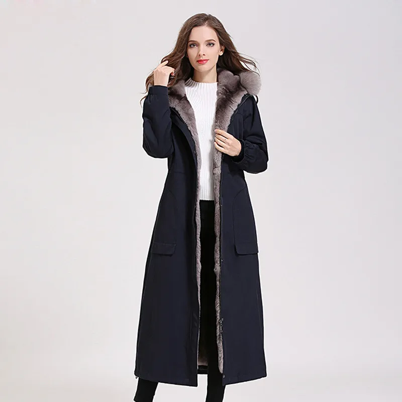Dark blue Высокое качество зимнее щуковое пальто Женская подкладка из кроличьего меха Рекс воротник из лисьего меха Экстра длинные куртки женские плюс размер 4XL пальто с капюшоном 3119 - Цвет: Dark blue