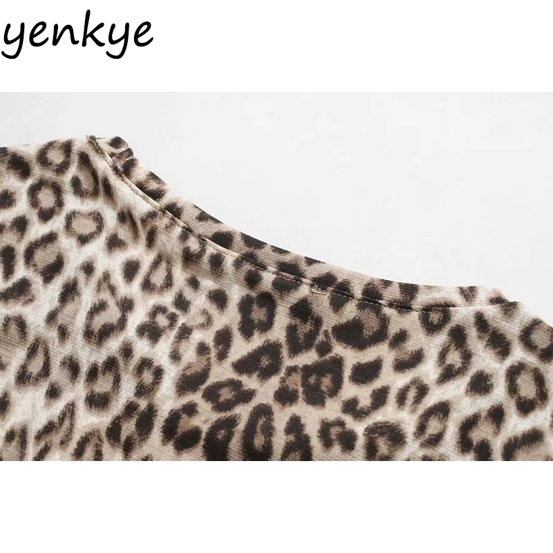 Fashion Women Vintage Leopard Midi Dress Round Neck Three-Quarter Sleeve A-line Autumn Loose Casual Dress OZZ9362
