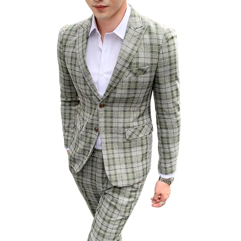 Matcha 2pc set Клетчатый костюм, комплект из 3 предметов, Тонкий деловой костюм Traje De Boda, мужской свадебный костюм, платье для жениха, дизайнерский новейший смокинг, клубный костюм, платье - Цвет: Matcha 2pc set