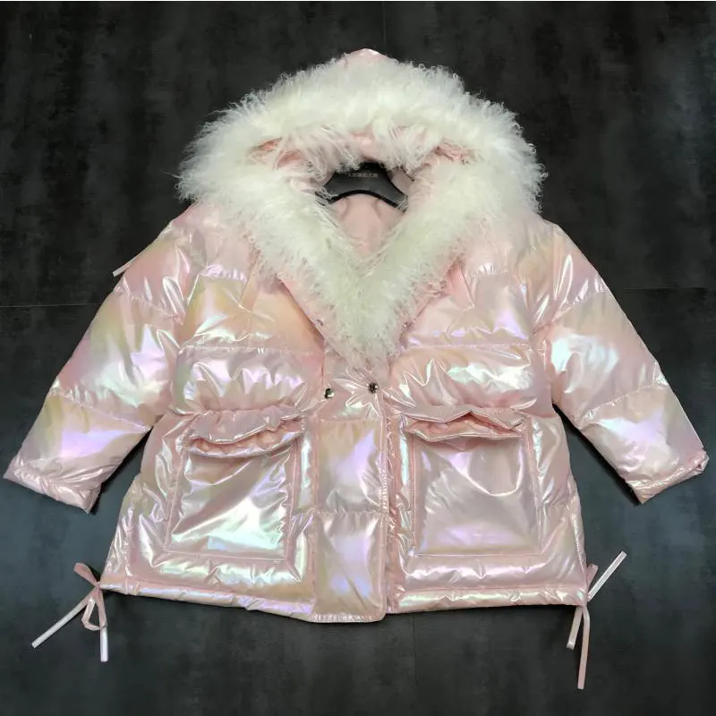 Pink Новое Осеннее и зимнее пальто, женская пуховая хлопковая куртка, Женская Большая парка средней длины с овчьим меховым воротником, корейские модные стеганые пальто - Цвет: Pink