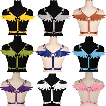 

Angel Wings Leather Harness Cage Bra Sexy Lingerie Womens Fetish Adjust Punk Goth Rave Body Bondage Crop Tops Adjust Harness Bra