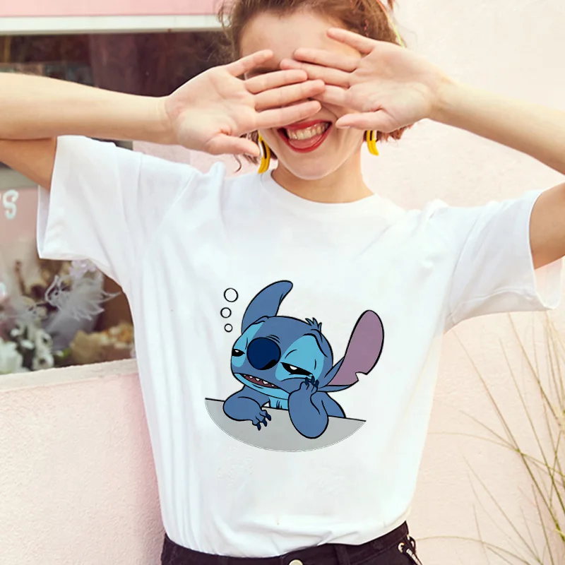 Эффектная Женская модная футболка Lilo Stitch Harajuku Kawaii, Женская Повседневная футболка с коротким рукавом и милым рисунком, милые футболки