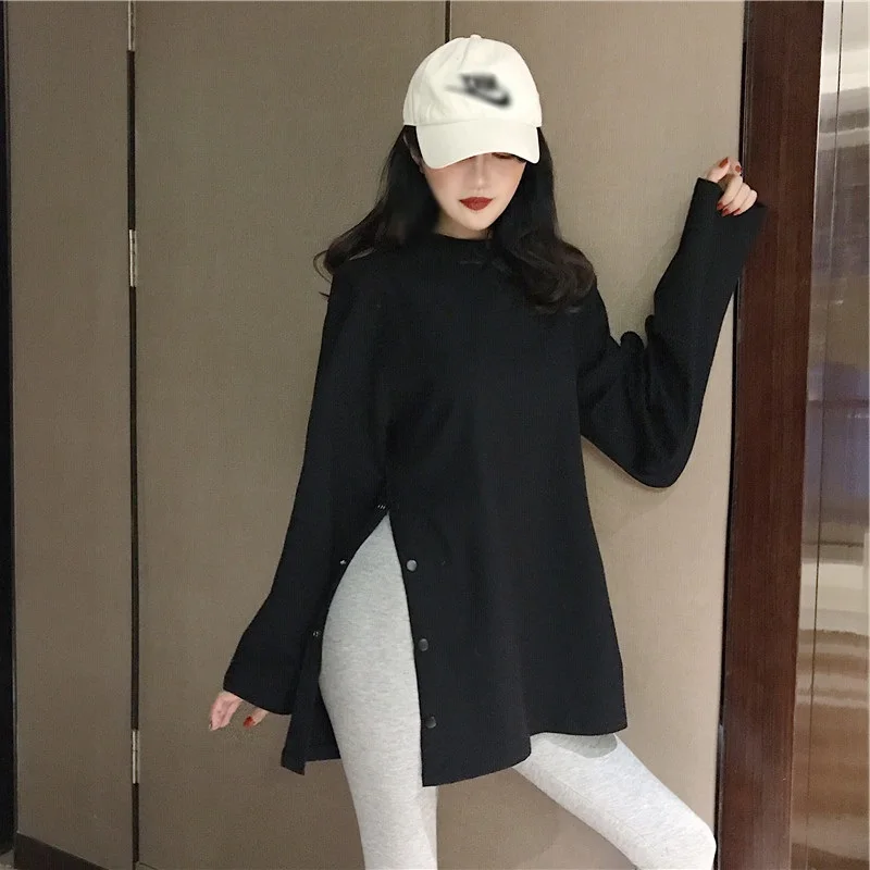 Осень новое поступление Vogue tees Harajuku однотонная свободная футболка с разрезом боковой кнопки белая черная длинная футболка с круглым вырезом Женские рубашки топы