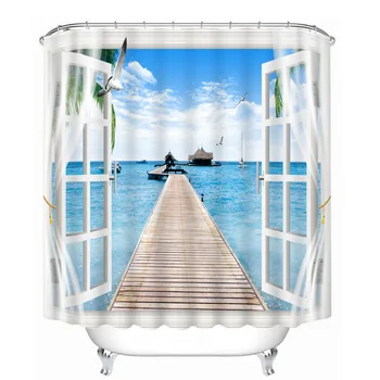 

3D Curtain Thicken Waterproof Thickened Bath Curtain Sea View outside the Window Pattern Shower Curtains Bathroom