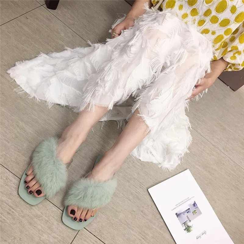 

Fashion 2019 Summer New Style Square Head Soft-Sole Fashion Flat Line-styled Transparent Fur Slipper Women