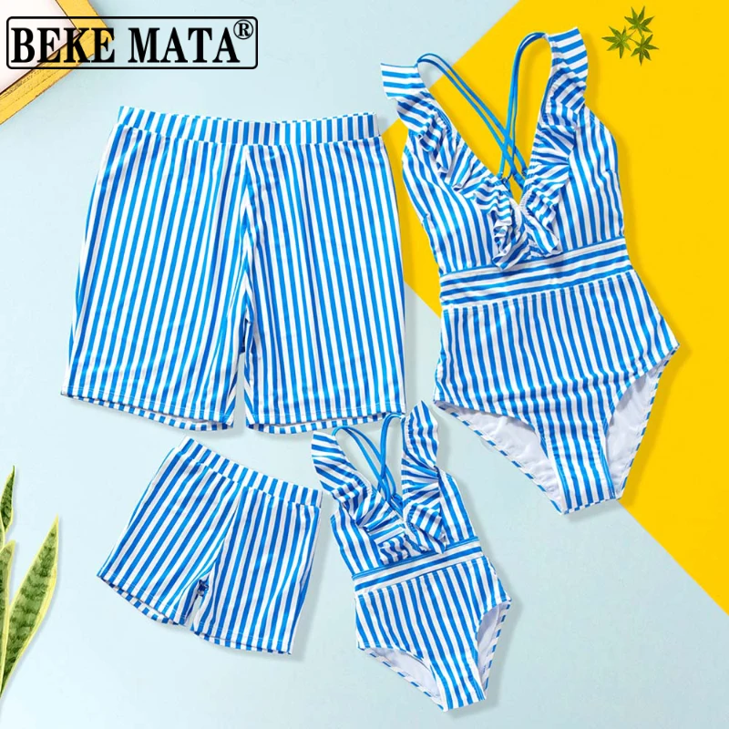 Family Swimsuit Mother Daughter Swimwear Father Son Swim Shorts 2022 Summer Striped Mom And Bikini Suit Matching Outfit | Мать и ребенок