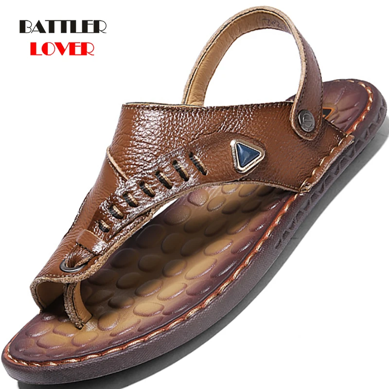 2020 Summer High Quality Genuine Leather Shoes Men Sandals Handmade Classic For Male Soft Rubber Beach Sandalias Sandal Slides