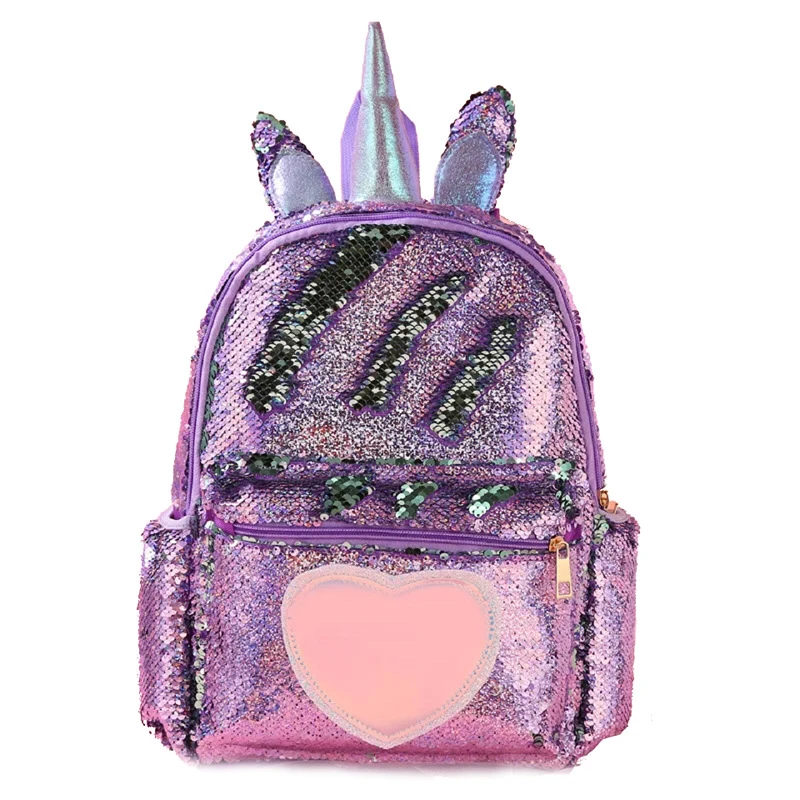 Рюкзак русалки с блестками для девочек, Детский Большой ранец с единорогом на молнии, Подростковый голограмма, сердце, любовь, рюкзак для школы, дорожная сумка - Цвет: purple