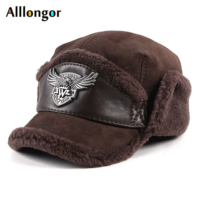 High Quality 2021 Winter Leather Hat Men Fur Lamb Wool Warm Thick Earflaps Bomber Hats Men's Baseball Cap Russian Hat leather bomber cap