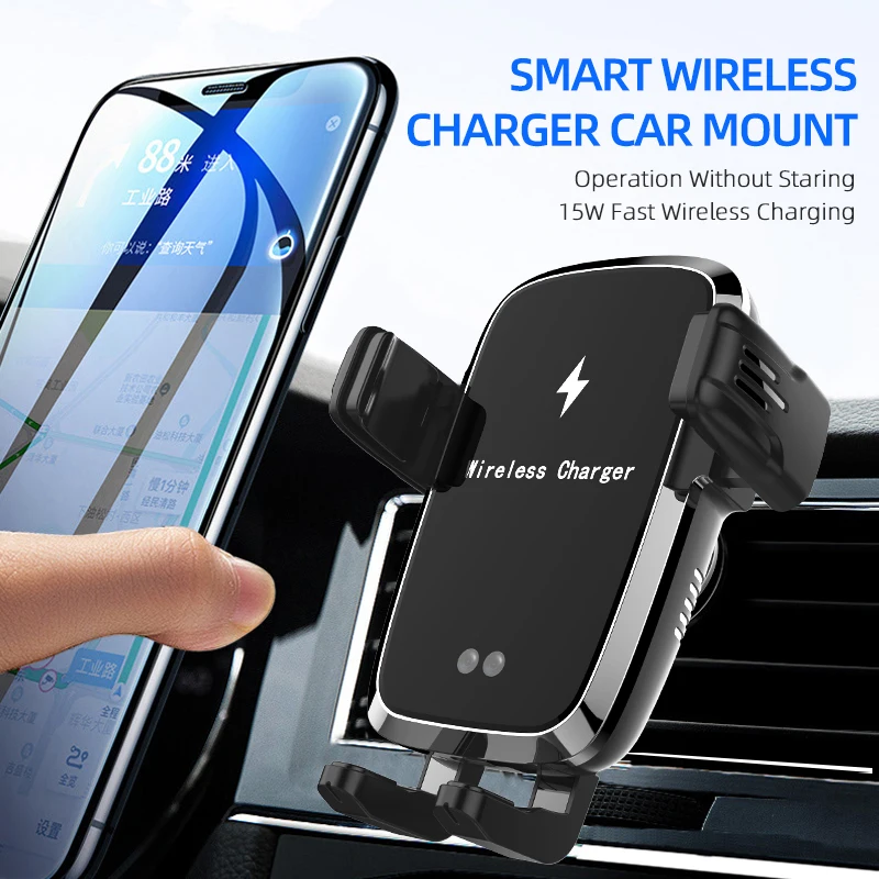 Soporte de teléfono móvil para coche, base fija de 15W con sensor infrarrojo y carga inalámbrica