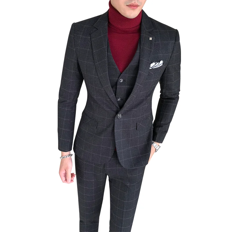 ( Jacket + Vest + Pants ) 2019 New Men's Fashion Boutique Plaid Wedding Dress Suit Three-piece Male Formal Business Casua