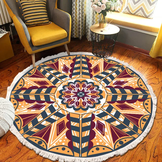 ​Home Decor Retro Bohemian Round Carpet Hand Woven Cotton Linen Carpet Rug Bedside Rug Geometric Floor Mat Living Room Carpet J