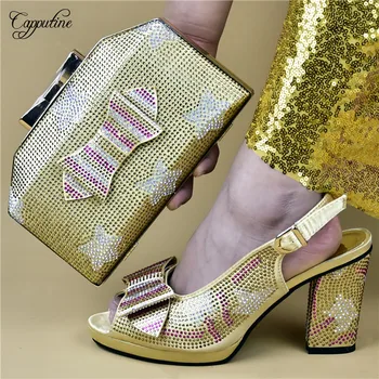 

Pretty gold evening high heel sandal shoes and clutch handbag set with rhinestones 528-5 heel height 10cm