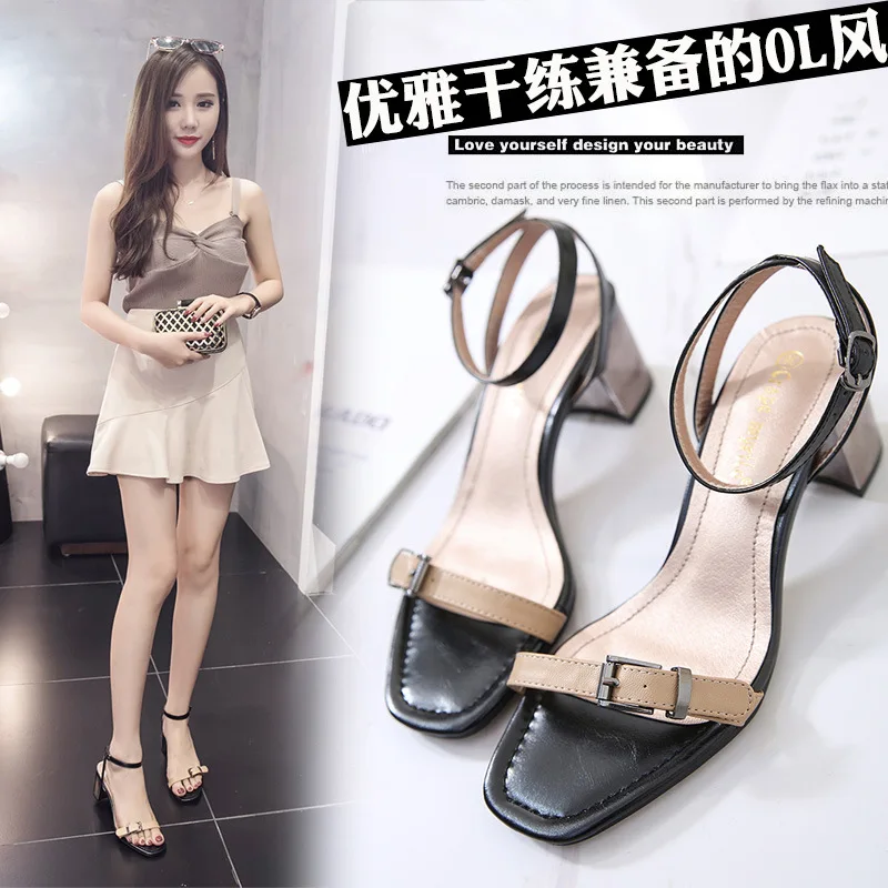 

A- line Buckle Chunky-Heel Sandals Women's Summer 2019 New Style Semi-high Heeled Versatile Open Toe Korean-style Chunky-Heel A-
