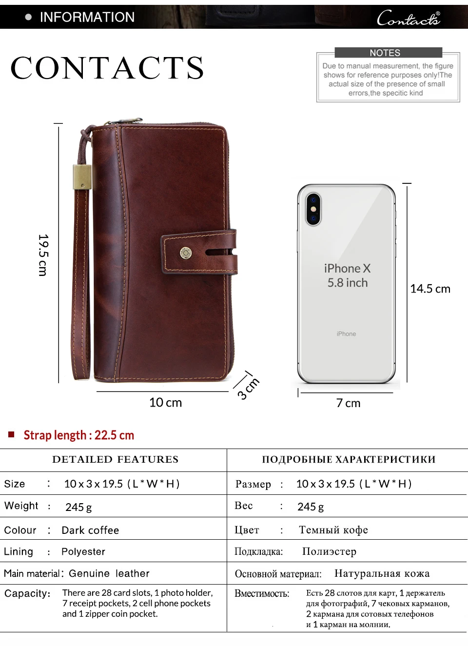 Contact's Crazy Horse Leather Men's Wallet Long Clutch Card Holders For Men Cowhide Portomonee Walet Man's Purse Carteira Male