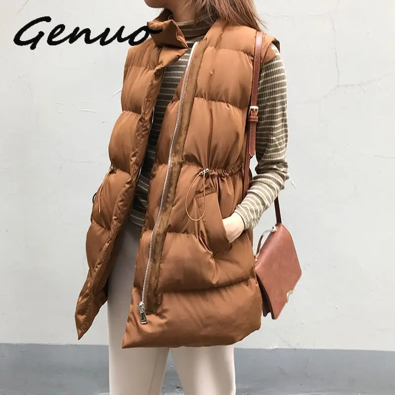 Genuo, зимний жилет, Chalecos Para Mujer, зимняя куртка, женские длинные жилеты, корейский воротник-стойка, хлопковый жилет, жилет для женщин