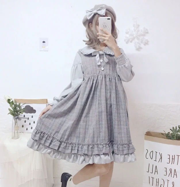 Gray dress Платье принцессы горничной в винтажном готическом стиле с милым бантом и воротником-куклой; платье в клетку; платье лолиты; милое японское платье для девочек Kawaii - Цвет: Gray dress