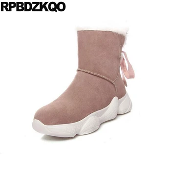

shoes pink fur genuine leather booties short suede harajuku winter snow boots women ankle creepers platform flatform muffin bow