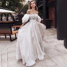 

Eightree Romantic Boho Wedding Dresses 2021 Puff Sleeve A Line Bride Dress Strapless Vintage Wedding Gowns Floor Length