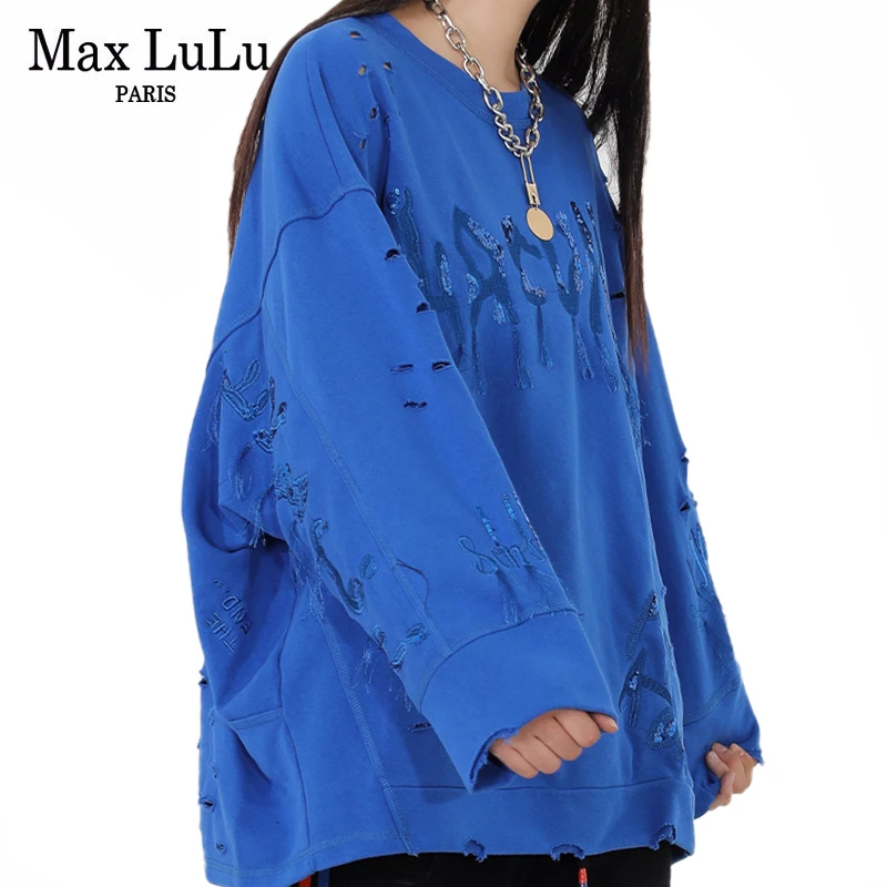 Max LuLu/ осенние корейские модные женские худи с вышивкой, Женская Повседневная винтажная толстовка с отверстиями для фитнеса, уличная одежда большого размера