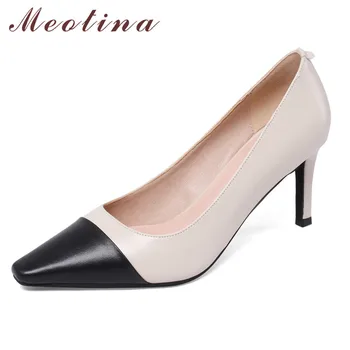 

Meotina Genuine Leather High Heel Pumps Women Shoes Square Toe Stiletto Heels Dress Footwear Female Autumn Black Brown Size 40