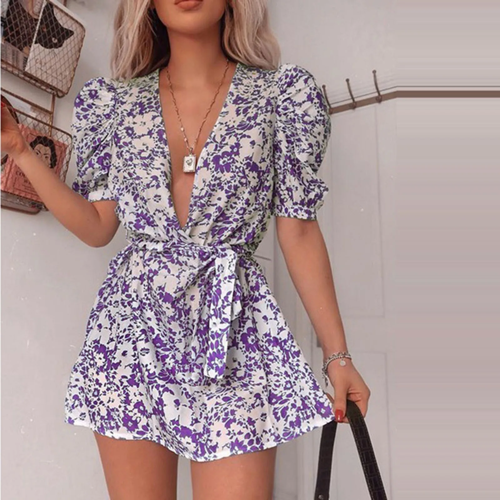 Elegant Mini Summer Dress Ladies Floral Print Puff Sleeve Sexy V-neck Slim Belt Dresses Chiffon Woman Dress Vestidos Mujer 2