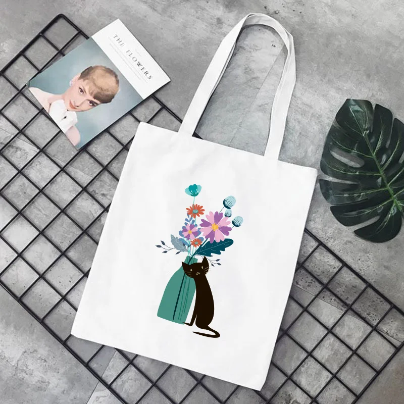 

cat Canvas Tote Bag Custom Print Logo Text DIY Daily Use Handbag Eco Ecologicas Reusable Shopping Bag Recycle